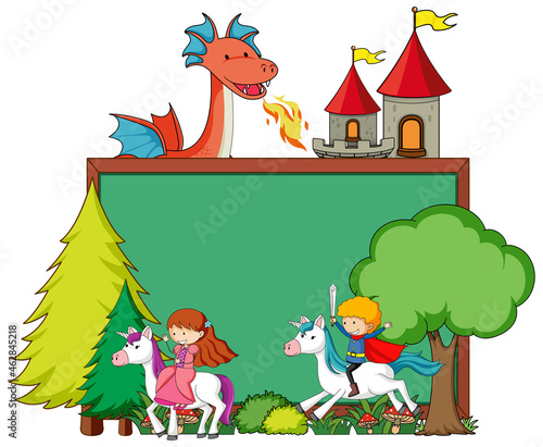 Empty chalkboard banner with fairy tale cartoon character and elements isolated