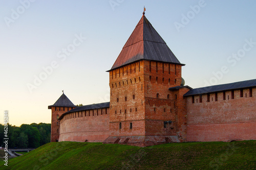 VELIKY NOVGOROD, RUSSIA - July, 2021: Novgorod Kremlin, walls and towers on a sunny summer day
