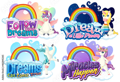 Set of different unicorn font typography with rainbows isolated