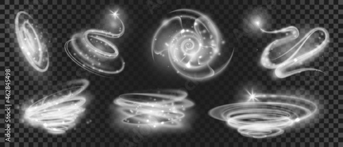 Glow white magic light with sparkle particles effect. Swirl, circle, vortex and spiral of shine. Star or comet with motion trail vector set