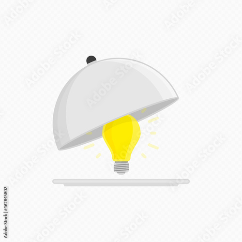Silver platter cloche with yellow light bulb. Bright Lamp as symbol for business idea or startup project. Innovation concept. Vector illustration in flat style. EPS 10.