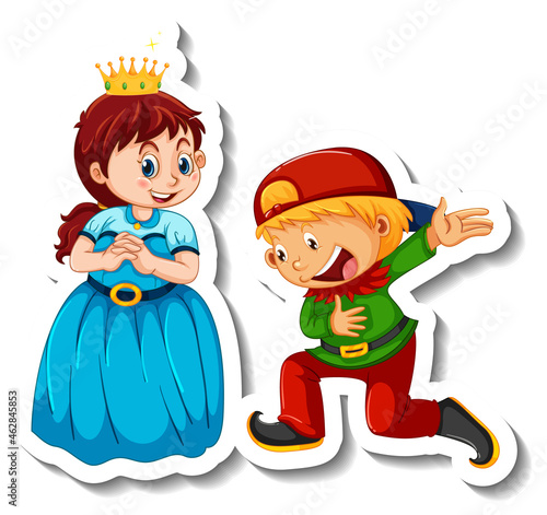 Sticker template with little princess and a boy cartoon character isolated