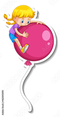 Sticker template with many balloons flying with a girl