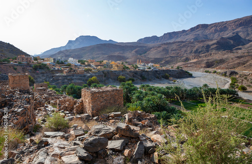 Oman, Ad Dakhiliyah Governorate, Az Zuwayhir, Ruin city Riwaygh as Safil, palm grove photo