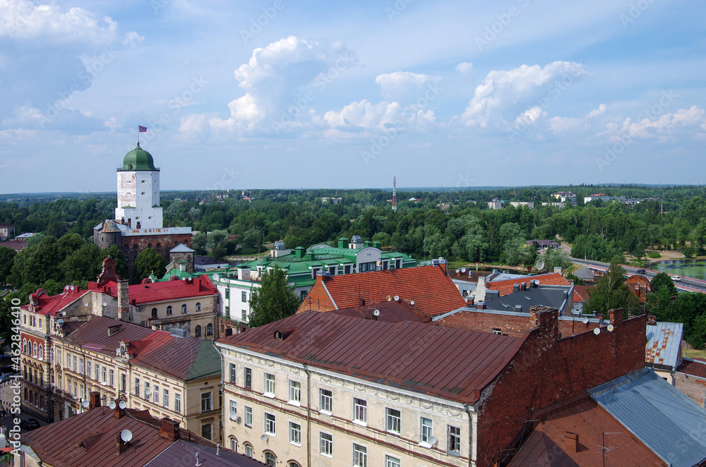 Fototapeta premium Vyborg, Russia - July, 2021: Aerial view of Vyborg from the Clock Tower