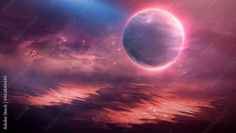 Futuristic fantasy landscape, sci-fi landscape with planet, neon light, cold planet. Galaxy, unknown planet. Dark natural scene with light reflection in water. Neon space galaxy portal. 3d 