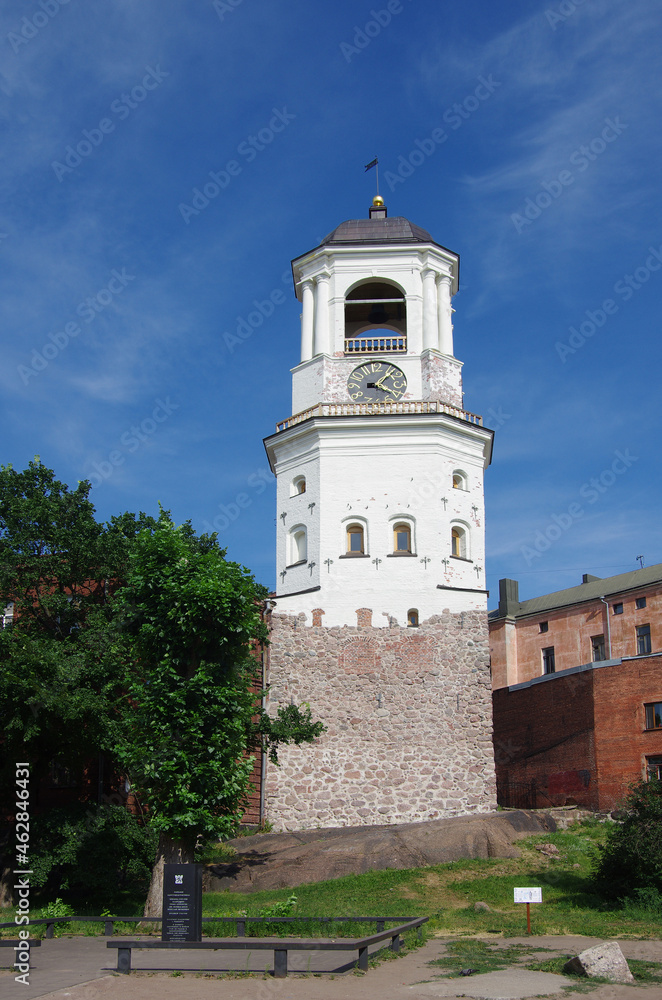 Vyborg, Russia - July, 2021: Clock Tower - a tower in Vyborg, the dominant feature of the Old Town, the former cathedral bell tower