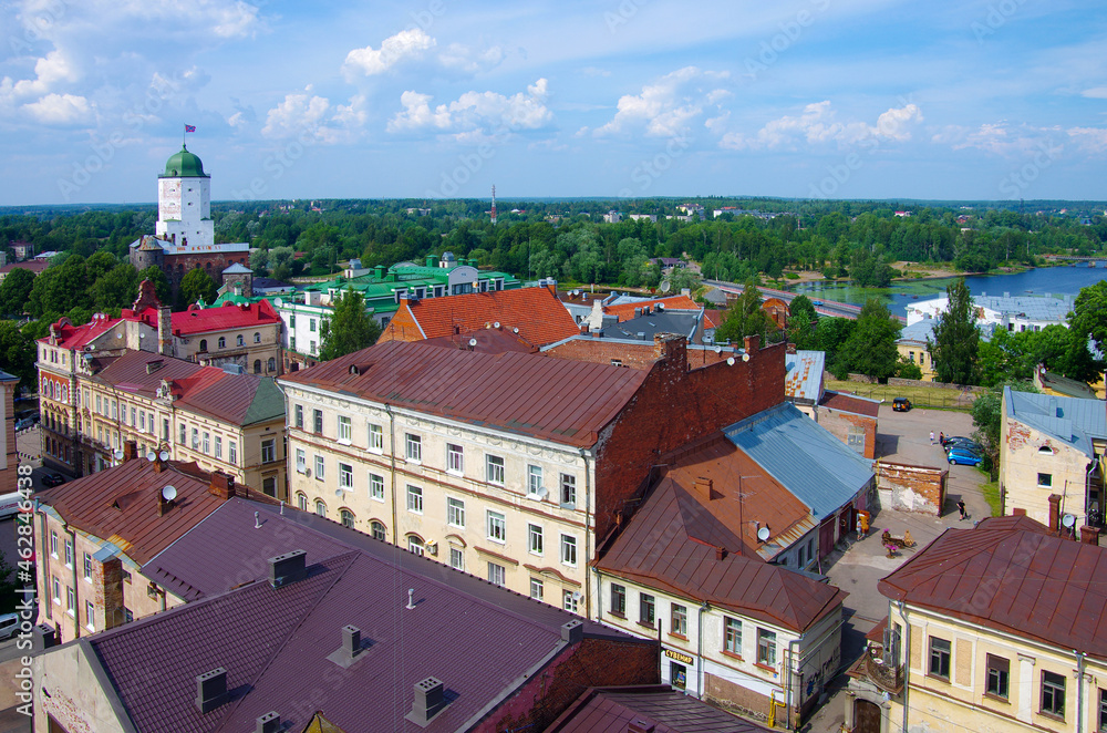 Vyborg, Russia - July, 2021: Aerial view of Vyborg from the Clock Tower