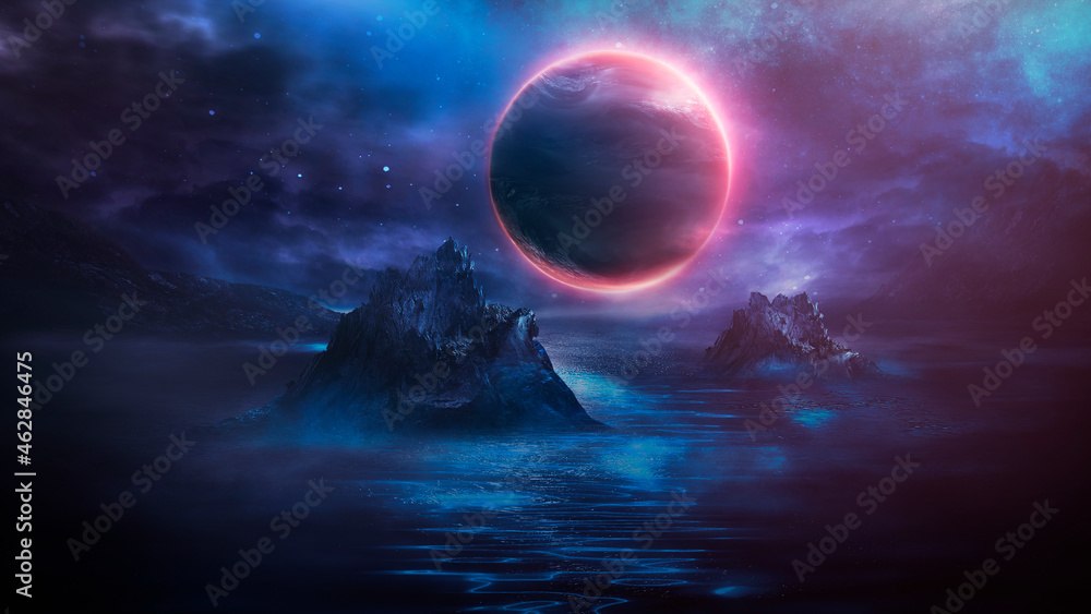 Futuristic fantasy landscape, sci-fi landscape with planet, neon light, cold planet. Galaxy, unknown planet. Dark natural scene with light reflection in water. Neon space galaxy portal. 3d 