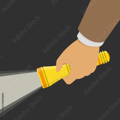 Hand holding flashlight with a beam of bright light, isolated on dark background. Search concept. Electric spotlight in hand. Vector illustration in flat style. EPS 10.