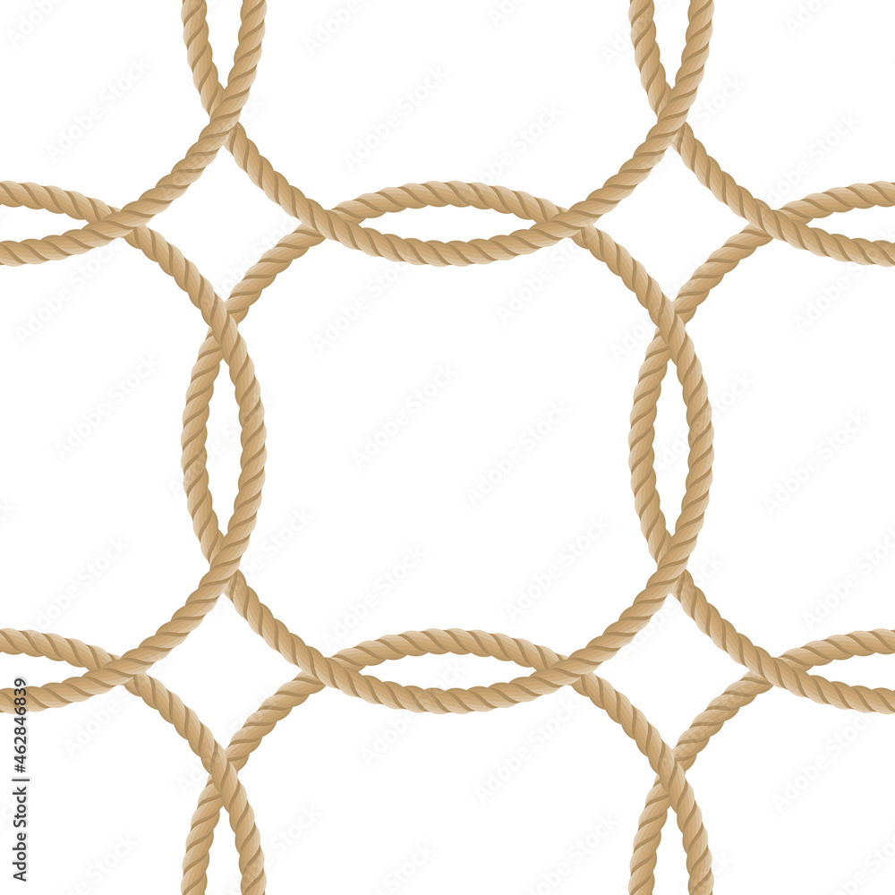 Seamless round rope mesh pattern. The grid cells of thick rope on white background. Marine fishing net Seamless template. Fabric, wallpaper, wrapping. Vector illustration EPS 10. Seamless round rope mesh pattern. The grid cells of thick rope on white background. Marine fishing net Seamless template. Fabric, wallpaper, wrapping. Vector illustration EPS 10.