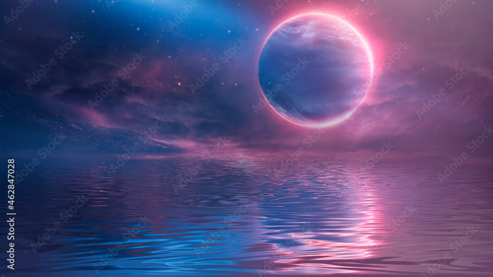 Futuristic fantasy landscape, sci-fi landscape with planet, neon light, cold planet. Galaxy, unknown planet. Dark natural scene with light reflection in water. Neon space galaxy portal. 3d Futuristic fantasy landscape, sci-fi landscape with planet, neon light, cold planet. Galaxy, unknown planet. Dark natural scene with light reflection in water. Neon space galaxy portal. 3d