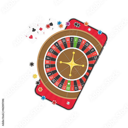 Smart phone with casino roulette wheel, poker chips and dice on screen. Gambling app, device with gambling game concept. Vector illustration in flat style. EPS 10.