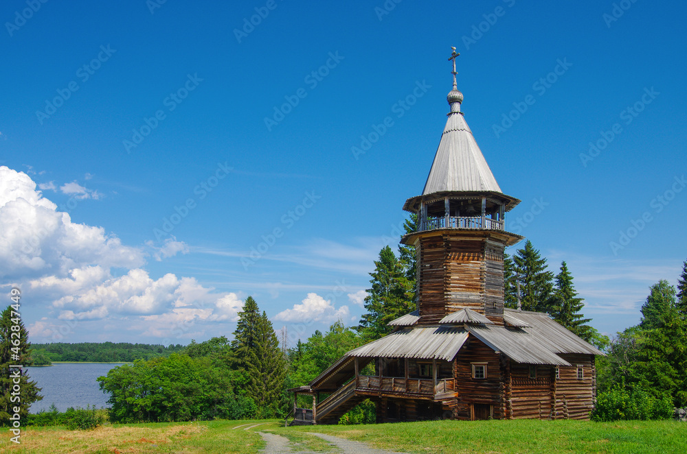 Kizhi, Karelia, Russia - July, 2021: Chapel of the Three Saints from the village of Kavgora Kizhi, Karelia, Russia - July, 2021: Chapel of the Three Saints from the village of Kavgora
