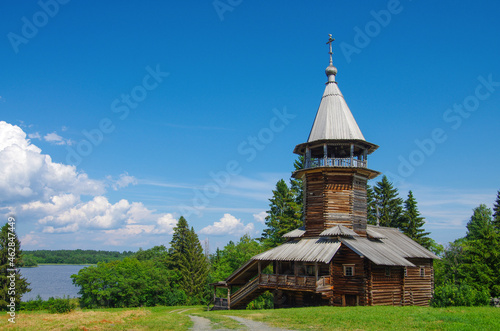 Kizhi, Karelia, Russia - July, 2021: Chapel of the Three Saints from the village of Kavgora