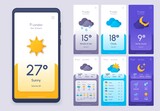 Daily weather forecast phone app in 3d paper cut style. Climate and atmosphere widget template for smartphone. Meteo condition ui vector set