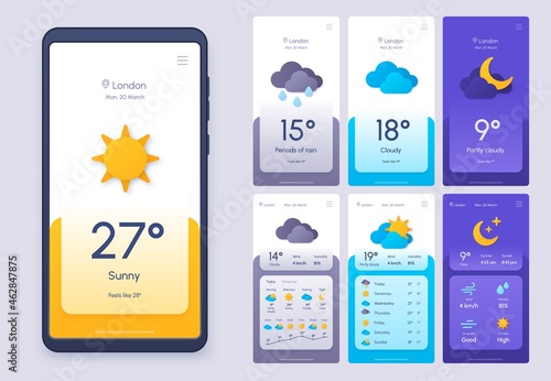 Daily weather forecast phone app in 3d paper cut style. Climate and atmosphere widget template for smartphone. Meteo condition ui vector set photo