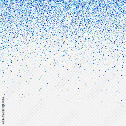 Vector illustration of festive backdrop. Falling shiny particles isolated on dark transparent background. Blue confetti glitters. Sparkling texture. Birthday, holiday decorative element for Design.