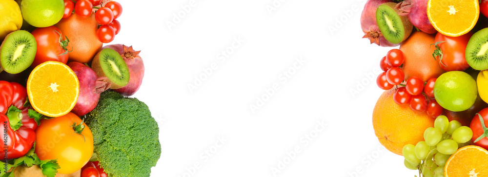 Composition of fruits and vegetables isolated on white background. wide frame with free space for text. Composition of fruits and vegetables isolated on white background. wide frame with free space for text.