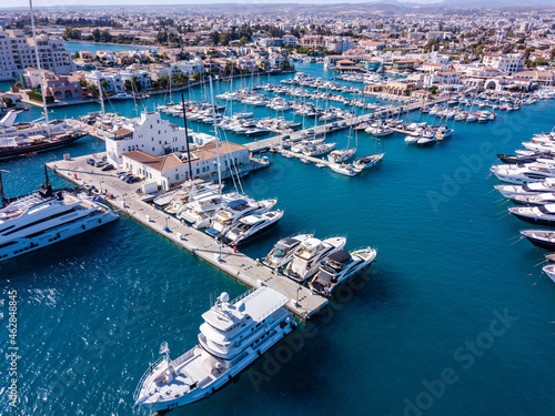 Aerial panoramic view of marina port with yachts and sailboats in Mediterranean sea