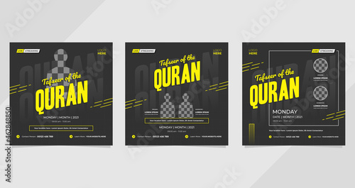 Tafseer of the quran, set of minimal social media templates with black and yellow backgrounds for studies, Islamic webinars, Islamic education etc.