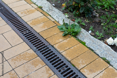 Grating of drainage system rainwater in the park at the sidewalk from a stone yellow paving slabs photo