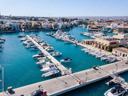 Top view from drone on marina port with yachts and sailboats in Mediterranean sea