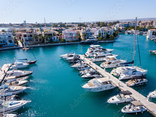 Top view from drone on marina port with yachts and sailboats in Mediterranean sea