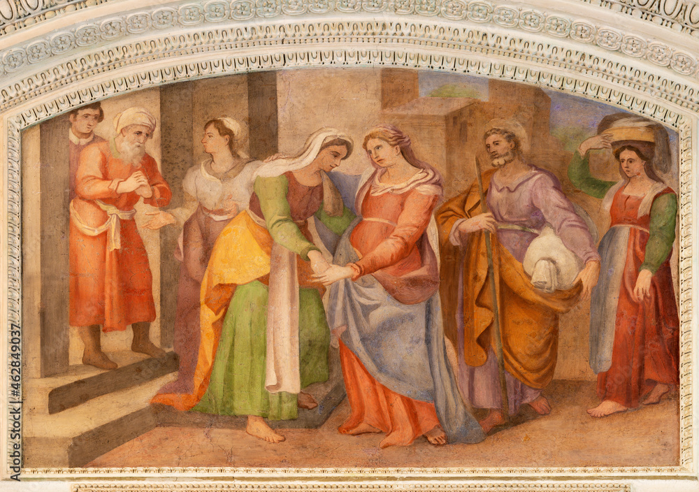ROME, ITALY - AUGUST 29, 2021: The fresco of Visitation in the church Chiesa di San Francesco a Ripa by Giovani Battista Ricci - il Navarro (1620).