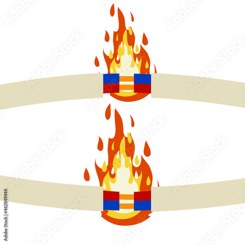 White damaged cable with red wire. short circuit. Cartoon flat illustration. Broken line. faulty electrical appliance. Safety rule. Orange flame and fire