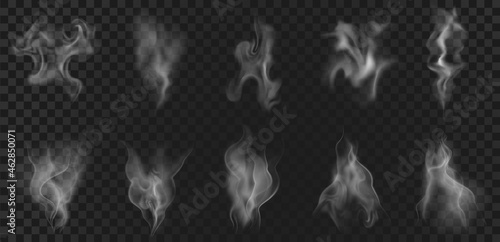 Realistic hot coffee steam, food vapor or smoke effect. Abstract aroma waves, tea vapour, fog swirls, mist flow and haze elements vector set