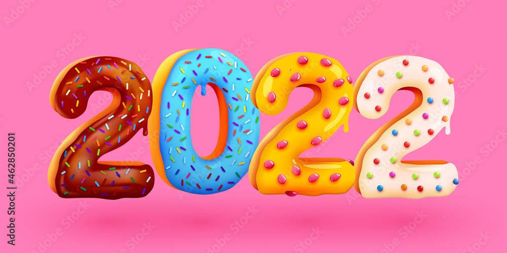 Fototapeta premium Tasty Greeting Card Happy New Year 2022. Colorful glazed Sweet numbers. Greeting Card, Banner, Poster.