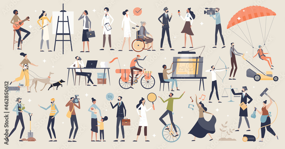 Occupations and professional work and job choice items tiny person concept. Various employees from medical nurse and doctor to pilot and architect vector illustration. Labor variety in mini scenes. - obrazy, fototapety, plakaty 