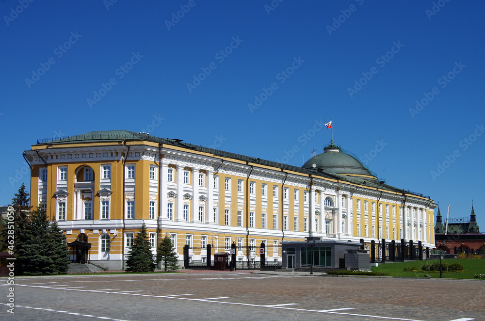 Moscow, Russia - May, 2021: Moscow kremlin inside in sunny spring day. Senate Palace