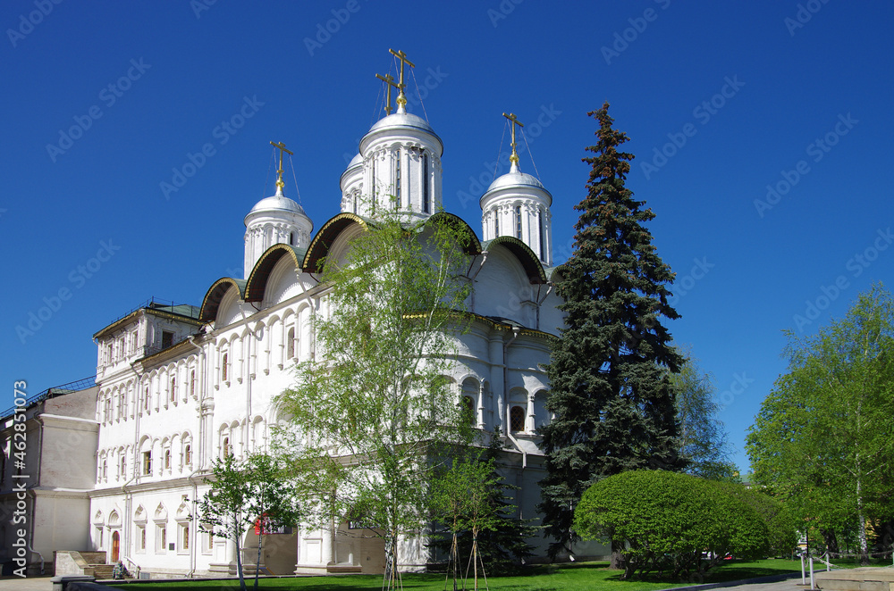 Moscow, Russia - May, 2021: Moscow kremlin inside in sunny spring day. The Patriarchal Chambers and the Church of the Twelve Apostles