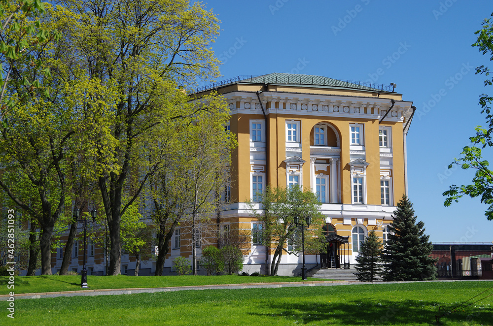 Moscow, Russia - May, 2021: Moscow kremlin inside in sunny spring day. Senate Palace