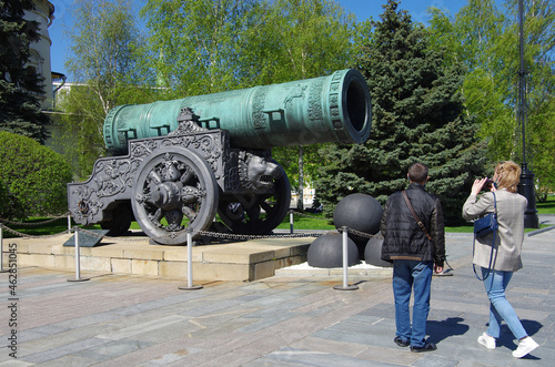 Moscow, Russia - May, 2021: Moscow kremlin in sunny spring day. Tsar Cannon