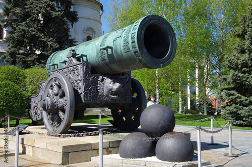 Moscow, Russia - May, 2021: Moscow kremlin in sunny spring day. Tsar Cannon