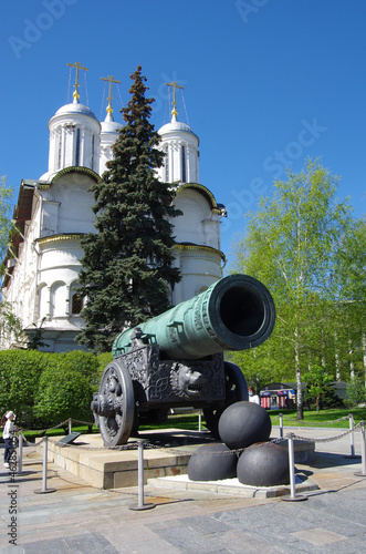 Moscow, Russia - May, 2021: Moscow kremlin in sunny spring day. Tsar Cannon