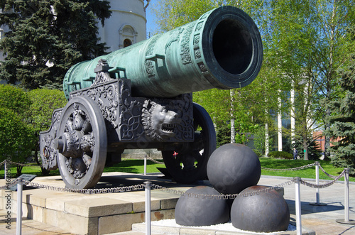 Moscow, Russia - May, 2021: Moscow kremlin in sunny spring day. Tsar Cannon