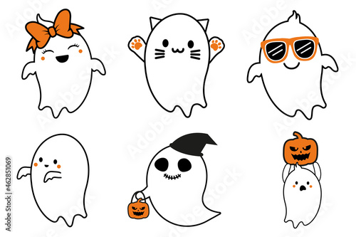 Cute ghosts bundle- Halloween hand drawn on t-shirt design, greeting card or poster design Background Vector Illustration..