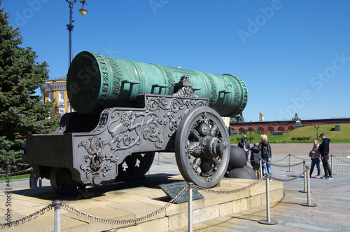 Moscow, Russia - May, 2021: Moscow kremlin in sunny spring day. Tsar Cannon