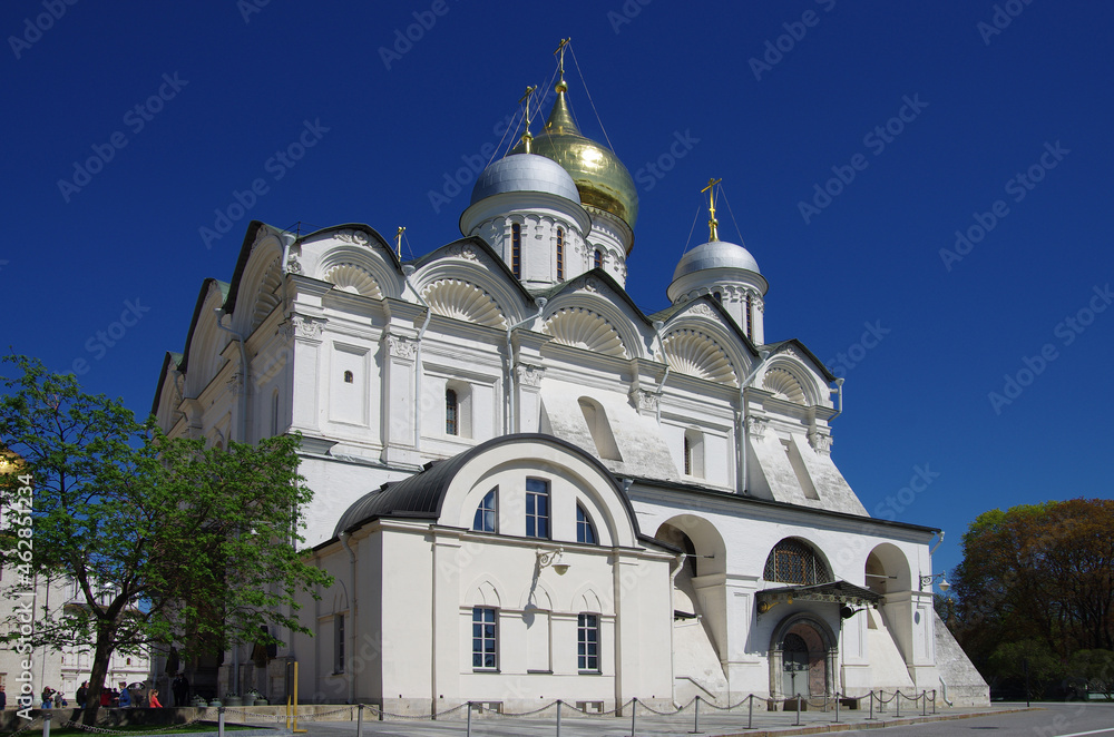 Moscow, Russia - May, 2021: Moscow kremlin in sunny spring day. Cathedral of the Archangel