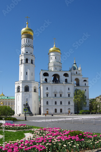 Moscow, Russia - May, 2021: Moscow kremlin inside in sunny spring day. Ivan the Great belltower