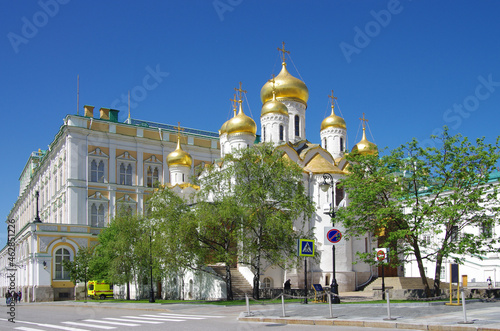 Moscow, Russia - May, 2021: Moscow kremlin inside in  sunny spring day. Cathedral of the Annunciation