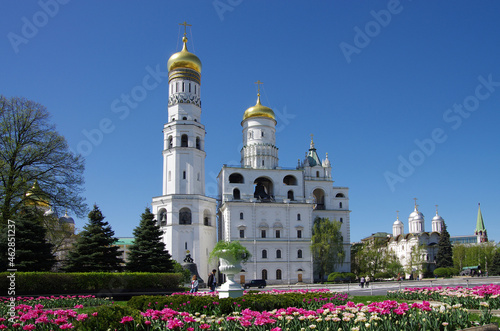 Moscow, Russia - May, 2021: Moscow kremlin inside in sunny spring day. Ivan the Great belltower