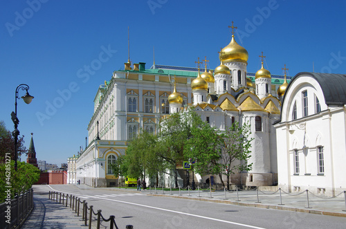 Moscow, Russia - May, 2021: Moscow kremlin inside in  sunny spring day. Cathedral of the Annunciation