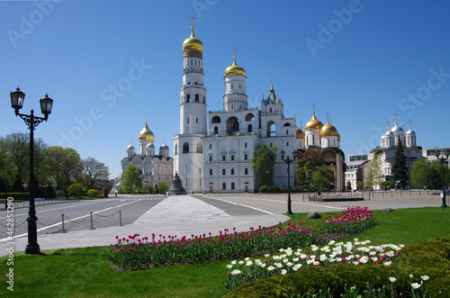 Moscow, Russia - May, 2021: Moscow kremlin inside in sunny spring day. Ivan the Great belltower