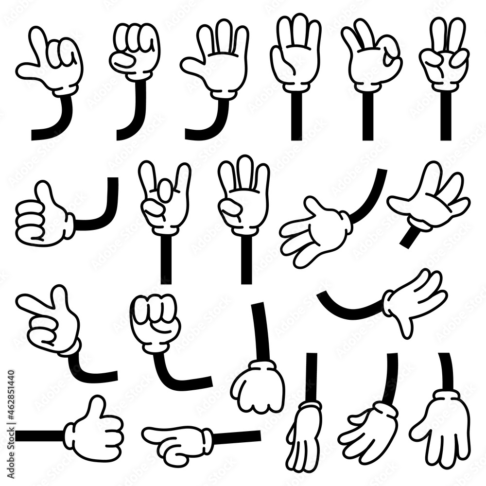 Retro comic hands gestures in gloves for cartoon characters. Doodle arm ...