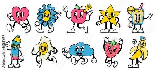 Trendy abstract cartoon characters in retro animation style. Bright comic heart, star, apple and pencil mascots with funny faces vector set